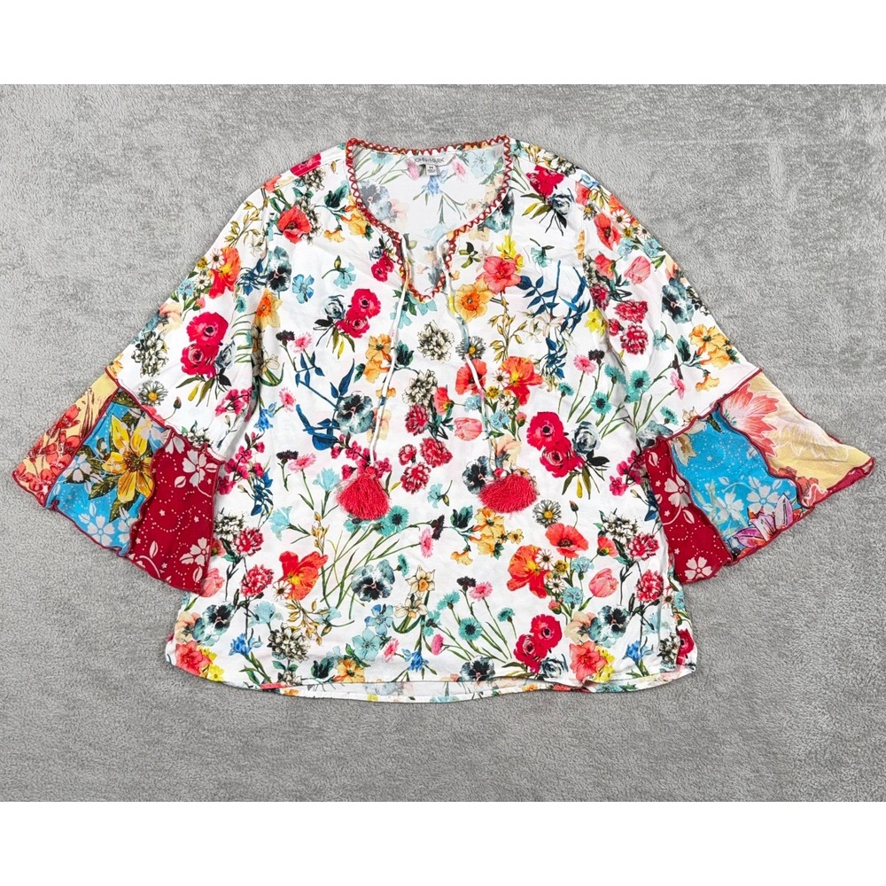 John Mark Top Womens Medium White Red Floral V Neck Tassel Bell Sleeve Boho